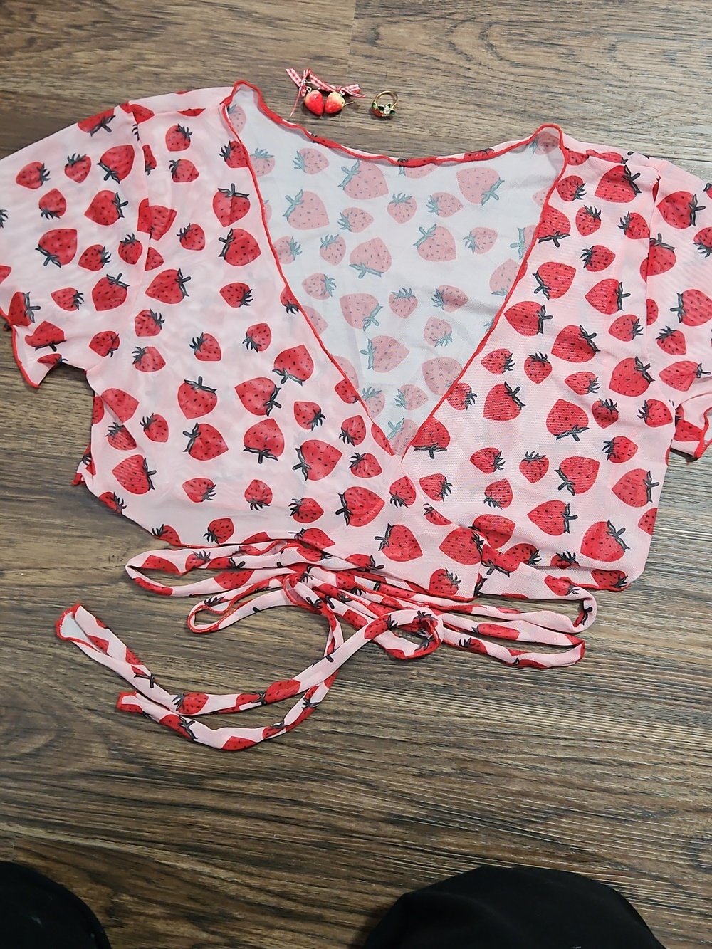 Strawberry Lovers Bundle Of Wrap Crop Top Size 1X, Earrings, And Ring